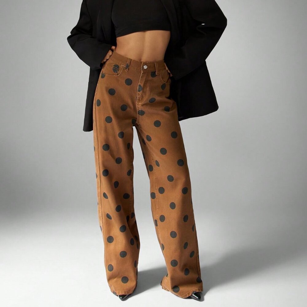 Brown High Waisted Casual Women's Wide Leg Polka Dot Jeans - Picture 4 of 7